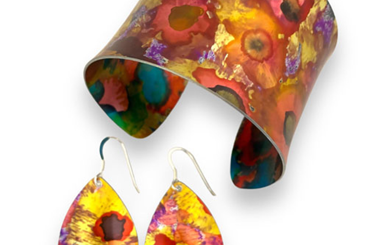 Abstract SMALL Floral Red Orange Gold Purple Anodised Aluminium Cuff Bracelets Bangles Earrings Rings Open Ended Adjustable Very Colourful Jewellery By Miranda Peckitt 2025