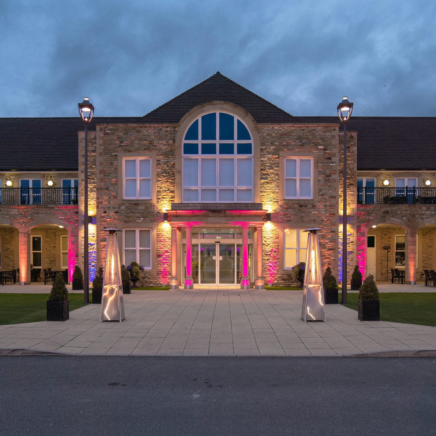 Entrance to the building with coloured lights 