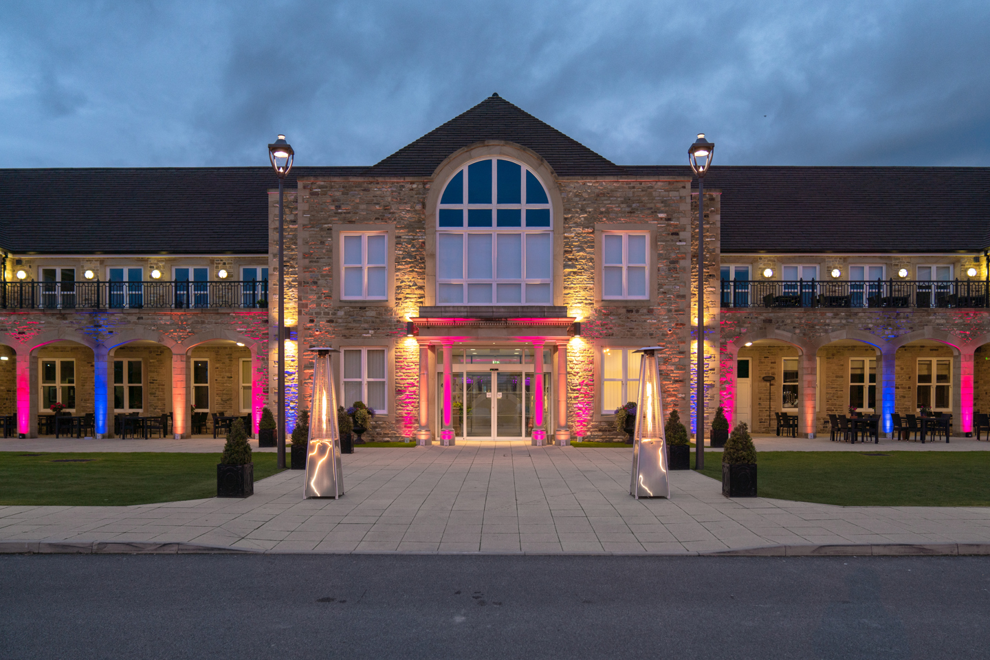 Entrance to the building with coloured lights 
