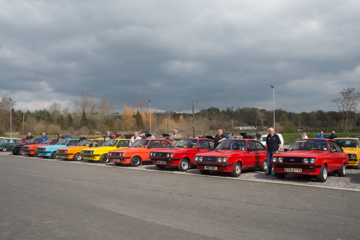 Retro Ford Rally, cars lined up at the car park. 
