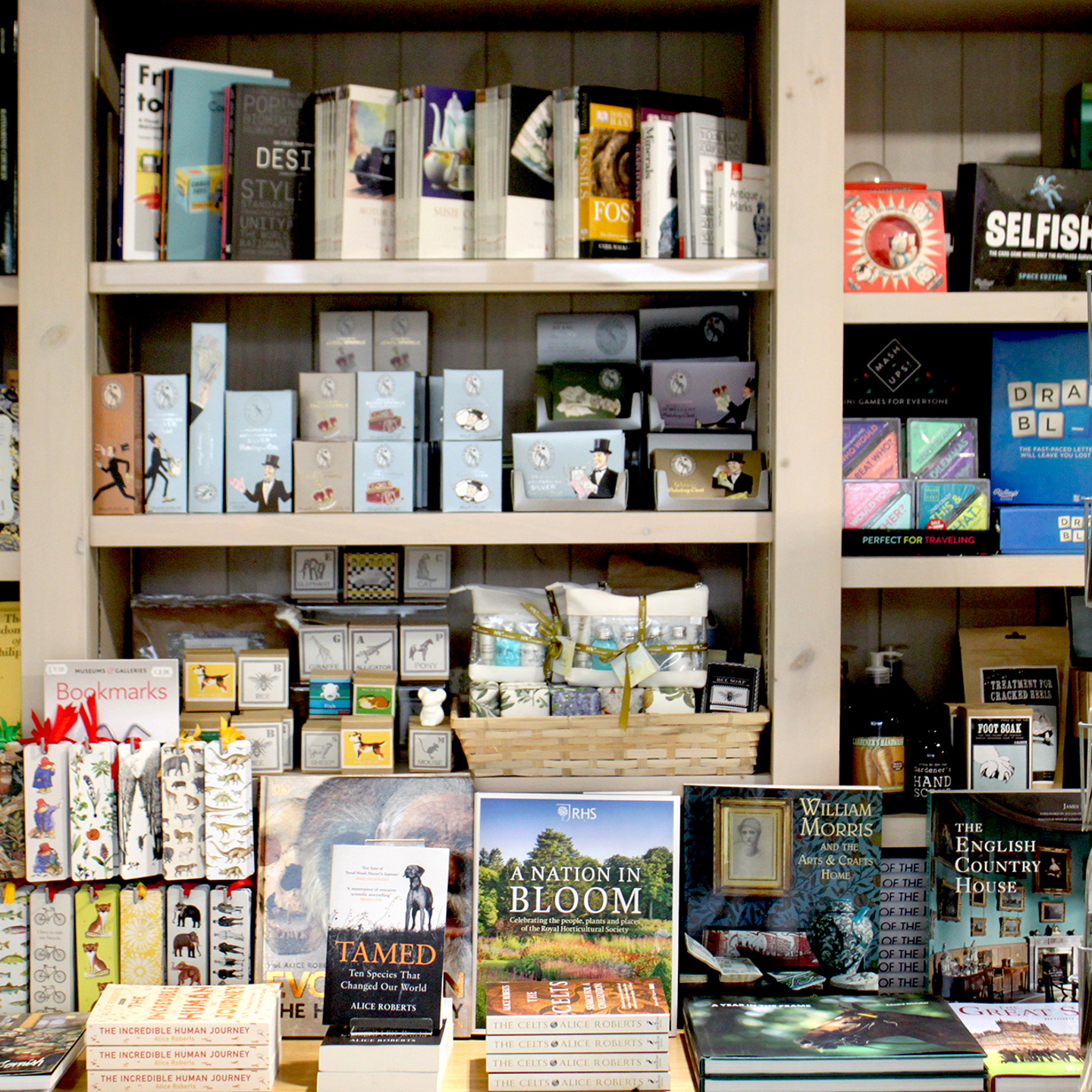 Books and cards on the shelves