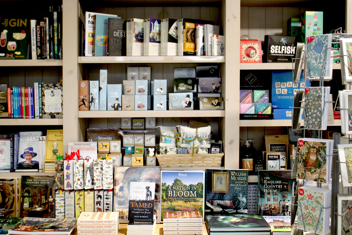 Books and cards on the shelves